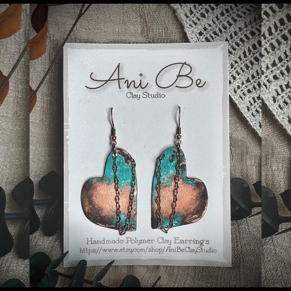 Copper Patina Abstract Heart Earrings - Picture 2 of 4